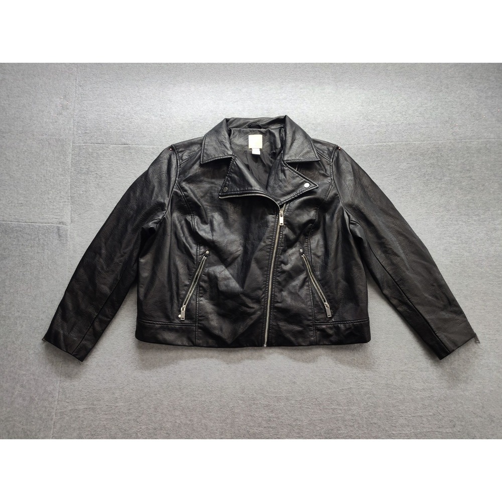 H&M Women Biker Jacket 2XL Black Faux Leather Cross Zip Front Pockets Elegant